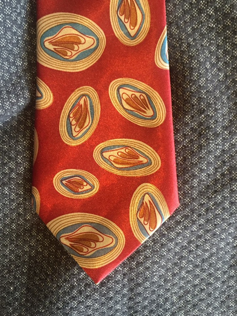 100/% silk tie red looks like bacon and toast on a plate food necktie