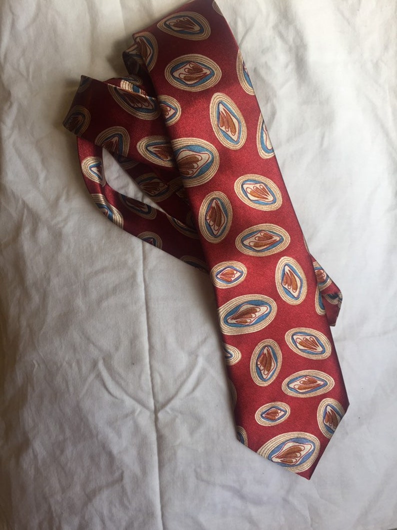 100/% silk tie red looks like bacon and toast on a plate food necktie
