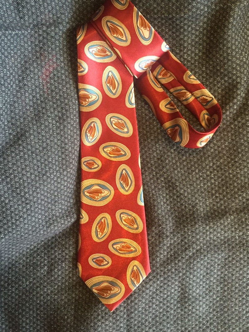 100/% silk tie red looks like bacon and toast on a plate food necktie