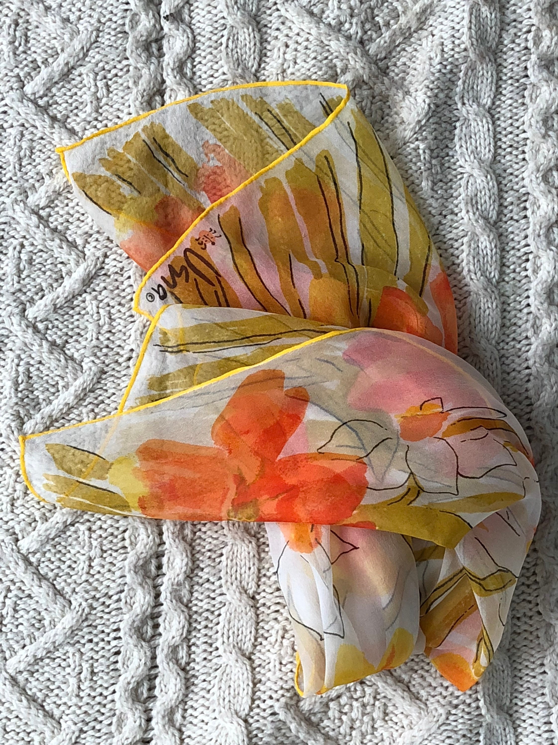 Vintage Vera Neumann ladybug silk silk hand rolled midcentury japan 1960s verasheer silk oblong orange poppies