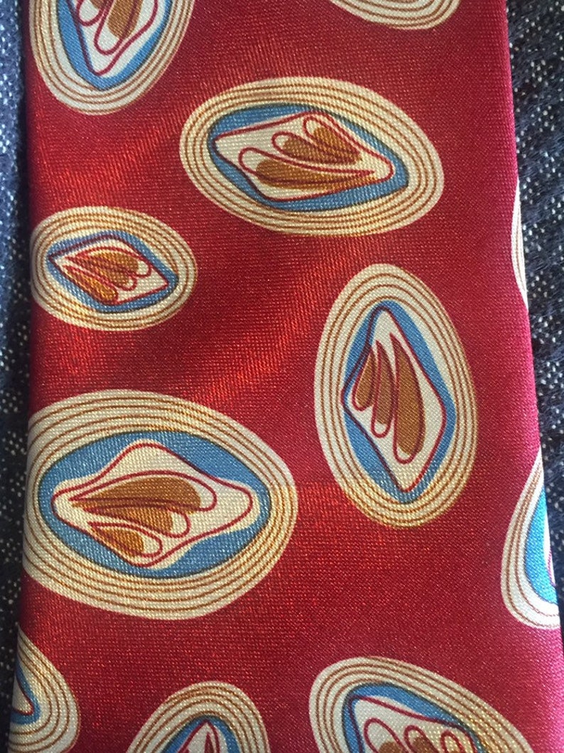 100/% silk tie red looks like bacon and toast on a plate food necktie