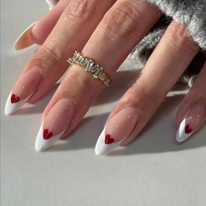 ADELINE Reusable Press on Nails Hand Painted Salon Quality Heart Nails With French Tip Valentines Press on Set of 10 False Nails. - Etsy ADELINE Reusable Press on Nails Hand Painted Salon Quality Heart Nails With French Tip Valentines Press on Set of 10 False Nails. - Etsy