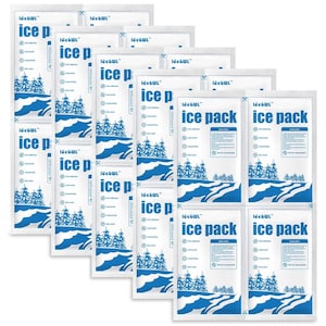 May include: A collection of white ice packs with blue text and graphics. Each pack is labeled "ice pack" and features a landscape design with trees and a river. The packs are designed for anti-adhesion and long-lasting cooling.