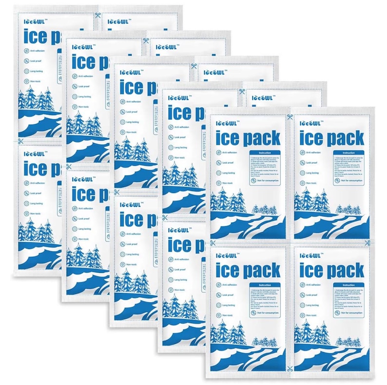 May include: A collection of white ice packs with blue text and graphics. Each pack is labeled "ice pack" and features a landscape design with trees and a river. The packs are designed for anti-adhesion and long-lasting cooling.