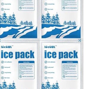 May include: Four white ice packs with blue wave and tree designs. Each pack has the text "ice pack" in large blue letters, along with instructions and icons indicating anti-adhesion, leak-proof, long-lasting, and non-toxic features.