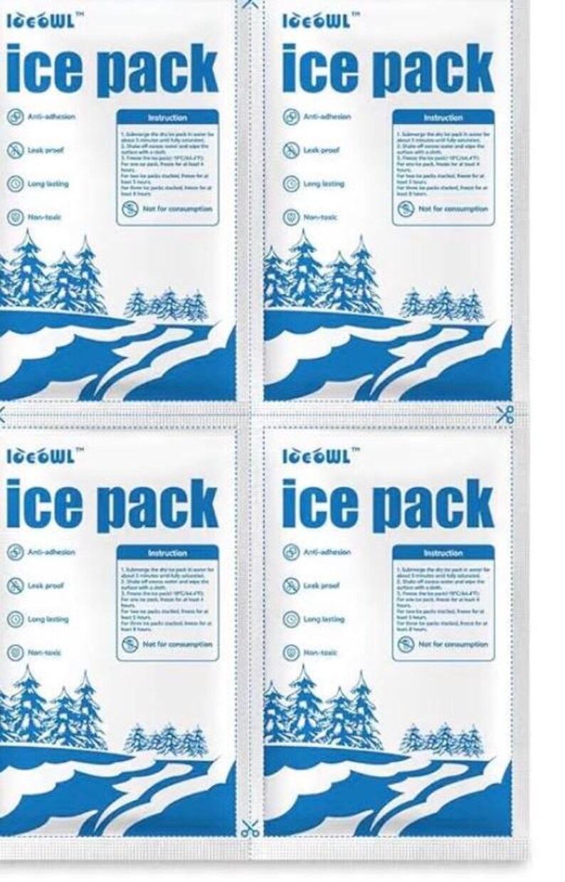 May include: Four white ice packs with blue wave and tree designs. Each pack has the text "ice pack" in large blue letters, along with instructions and icons indicating anti-adhesion, leak-proof, long-lasting, and non-toxic features.
