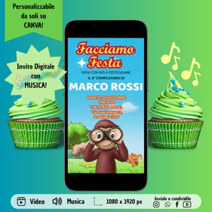 Invito Compleanno Bambino Esploratore | Modificabile su Canva | Tema "Curioso come George" | Digitale Personalizzabile