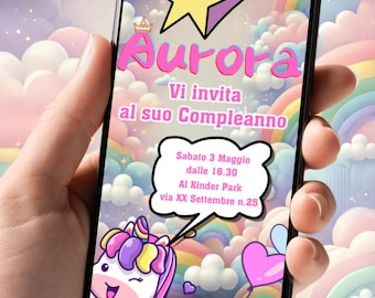 Invitación de cumpleaños digital personalizada de unicornio - Niña con temática de arcoíris mágico