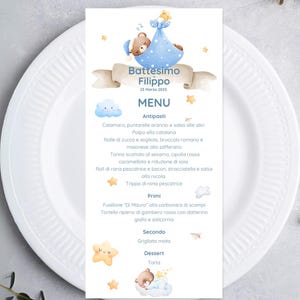 Invito e Menu Battesimo Orsetto e Luna Celeste - Digital Download Personalizzabile