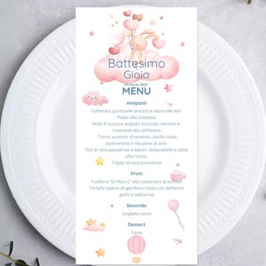 Invito digitale Battesimo bambina con coniglietta rosa – personalizzato, tema cuore e nuvole, pronto da stampare