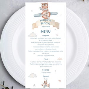 Invito e Menù Battesimo Personalizzabili • Tema Orsetto Aereo • Digital Download per Cerimonia • Stile Acquerello Pastello