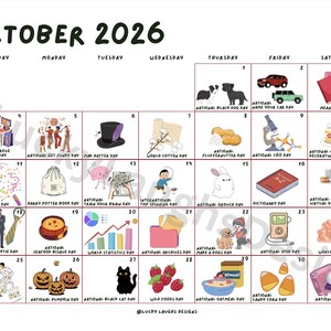 Puede incluir: Un calendario ilustrado para octubre de 2026, con d&iacute;as tem&aacute;ticos como el D&iacute;a Nacional del Perro Negro y el D&iacute;a Nacional de la Calabaza. Cada d&iacute;a tiene una imagen &uacute;nica, incluyendo un sombrero de copa, un gato negro y un cuenco de avena. El calendario muestra el mes y el a&ntilde;o en la parte superior.