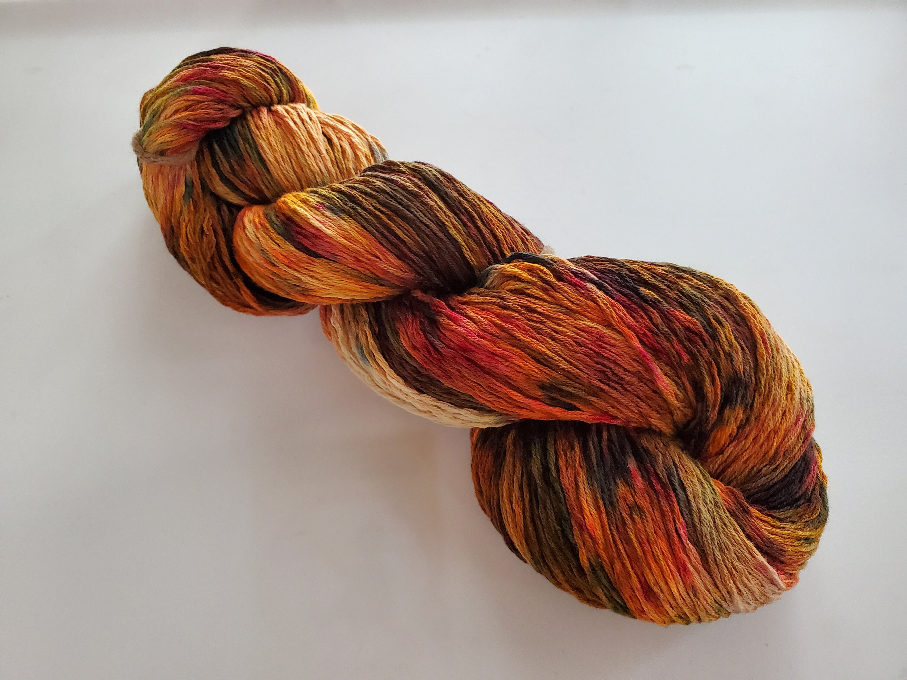 Hand-dyed 8/2 cotton and rayon yarn, 400 yard skein and 700 yard