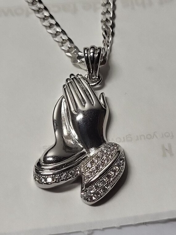 Silver 925 Pray Hand ＆Old school Chain Vintage Prayer Hands Sterling Silver Diamond Etched Pendant