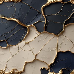 May include: Abstract art print featuring a white and dark blue background with gold accents. The gold accents create a pattern of lines and shapes.