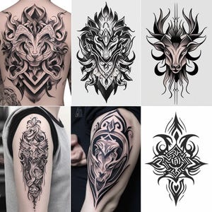 May include: A collection of six black and white tattoo designs. The designs include a deer head, a geometric pattern, a ram head, a stylized creature, and two more geometric patterns.