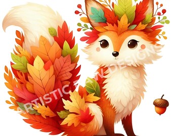 Autumn Fox Clipart, Fall Woodland Animal Clip Art, Printable Autumn Leaf Fox Art for DIY Projects, Invitations, Scrapbooking & Home Decor