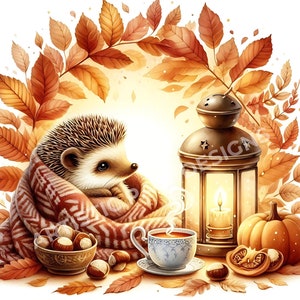 Aquarelle automne hérisson Clipart - clipart animaux des bois, illustration automne confortable pour journal indésirable, cartes, travaux manuels et projets saisonniers