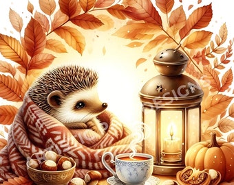 Clipart di riccio autunnale ad acquerello - Clip art di animali del bosco, illustrazione autunnale accogliente per diario, biglietti, artigianato e progetti stagionali