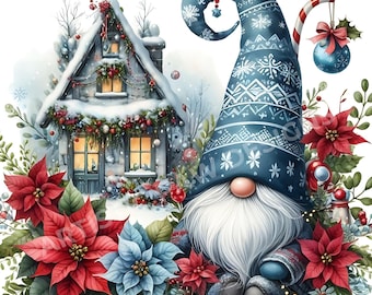 May include: A blue and white gnome with a long, curled hat sits in front of a snow-covered house decorated with Christmas lights and greenery. The gnome has a white beard and is wearing a blue and white hat with a snowflake pattern. The house has two windows with warm light shining from inside. There are red poinsettia flowers and blue flowers in the foreground.