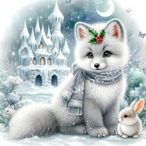 Clipart mignon renard arctique, conception de renard blanc animal de Noël hiver, art imprimable des vacances pour l'artisanat, décoration de Noël, téléchargement numérique