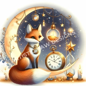 Chronométreur renard horloge Clipart, renard lunatique aquarelle, clipart animal magique pour travaux manuels, téléchargement numérique, faire-part, autocollants et impressions