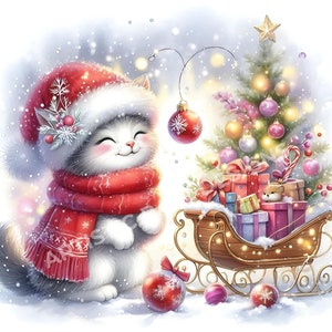 Aquarell spielerische Weihnachts Katze Clipart - Süße Katze Clip Art, Geschenk für Katzenliebhaber, Urlaub Katze Kunst für Weihnachten Design, Dekor, Printable Crafts