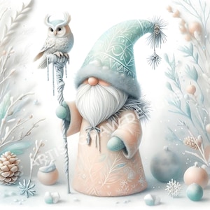 Pastell Aquarell Winter Gnome Clipart - Gnom und Eule Begleiter Art, Süßer Weihnachtszwerg JPG, Printable Urlaub Gnome Dekor zum Basteln