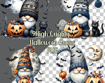 May include: Four digital illustrations of Halloween gnomes. Each gnome is wearing a different patterned hat and holding a jack-o-lantern. Two gnomes are accompanied by black cats. The gnomes are standing in front of a background with a moon, bats, and a graveyard.