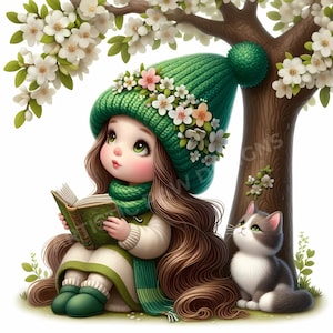 Printemps nain et chat Clipart 4 haute qualité 300 DPI JPG amateur de livres nain et chat art cadeau pour amoureux des chats chat lecture livre art livre amateur des cliparts