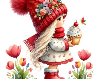 Aquarel tulp kabouter clipart | 5 hoge kwaliteit 300 DPI JPG | Clipart aquarel cupcake | Kabouter met cake-clipart | Bloemen lentekabouter