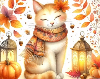 Könnte beinhalten: Eine süße orange-weiße Katze mit einem gemusterten Schal sitzt vor zwei beleuchteten Laternen. Die Katze hat die Augen geschlossen und lächelt. Um die Katze und die Laternen herum liegen Herbstblätter und Eicheln.