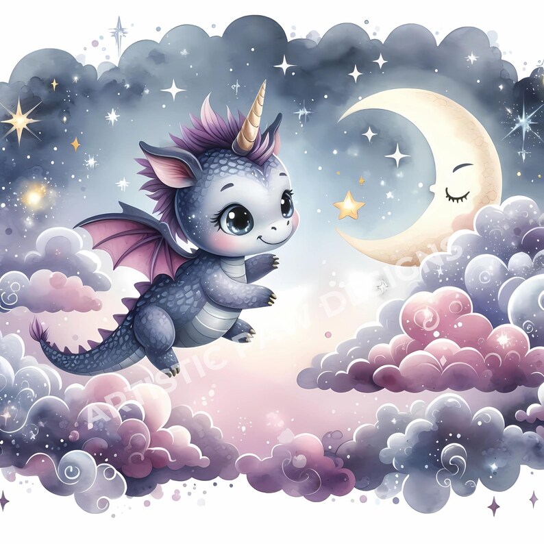Watercolor Baby Dragon Clipart - Whimsical Celestial Night Sky Clip Art ...