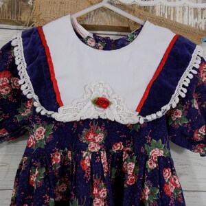 Vintage 80's 1980s Little Princess/Holiday Party Dress/ Floral/ navy Red white/ Short Sleeve/ Scalloped/ lace/ large collar sz 6X image 4