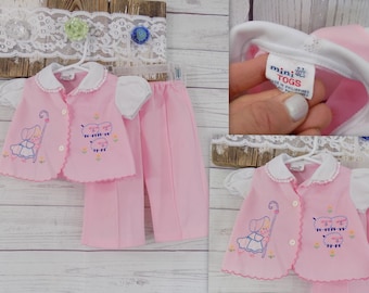Vintage 1980s 80s Mini Togs Little Bo Peep girls 2 Piece Pant Shirt Set Pink White Lace trim sheep Embroidery sz 0-3 Months??