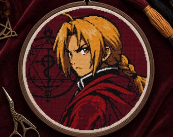 Edward Elric kruissteekpatroon pdf | Fullmetal alchemist geïnspireerde anime kruissteek | Borduurkaart mangakarakters |