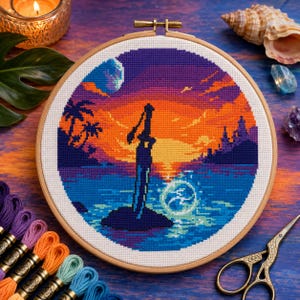 Final Fantasy X Inspired Cross Stitch Pattern PDF, Sunset Sword Embroidery Chart, FFX Fantasy Gamer Decor, Tropical Ocean, Nerdy