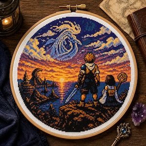 Final Fantasy X 10 Inspired Sunset Cross Stitch Pattern | Fantasy RPG Landscape PDF | Video Game Embroidery Design | Instant Download FFX
