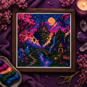 May include: A square cross-stitch embroidery in a dark wooden frame depicting a fantasy landscape with a floating castle, a flying dragon, a full moon, a stone bridge over a river, and a small cottage, rendered in vibrant shades of purple, pink, and blue.