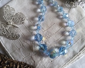 Vintage AB Crystal Ice Blue Beads. Adjustable Necklace. Bronze Colored Setting w/Silvertone Hook.