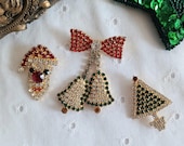 Three vintage Christmas Brooches, Pins Variety Pack. Santa, Bow, Tree.