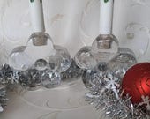Fun Retro Vintage Flower Shaped Heavy Glass Candlestick Holders. Set of 2.
