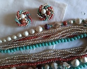 Vintage Beaded Statement Necklace and Earrings: Coral Turquoise Set