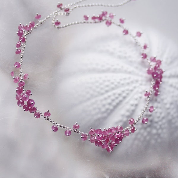 Reserved - Pink Sapphire Sterling Silver Birthstone Cluster Necklace - Soupir de Rose