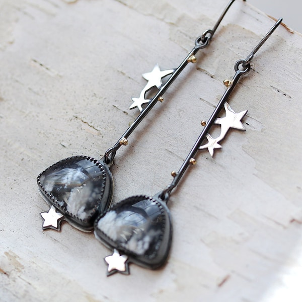 Oxidized Plume Agate Earrings/ Starry Night Earrings/ Star Earrings/ Black and White/ 18K Gold Accent Earrings/ Night Sky Earrings/ Clouds