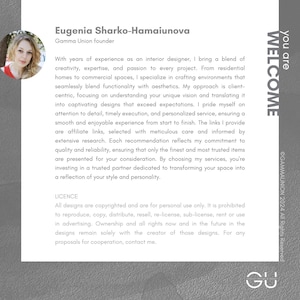 K&ouml;nnte beinhalten: Eine rechteckige Informationskarte mit grauem, texturiertem Rand. Sie enth&auml;lt ein kreisf&ouml;rmiges Portr&auml;t von Eugenia Sharko-Hamaiunova, den Text "you are WELCOME", "Gamma Union" sowie eine detaillierte berufliche Biografie zu Innenarchitektur.