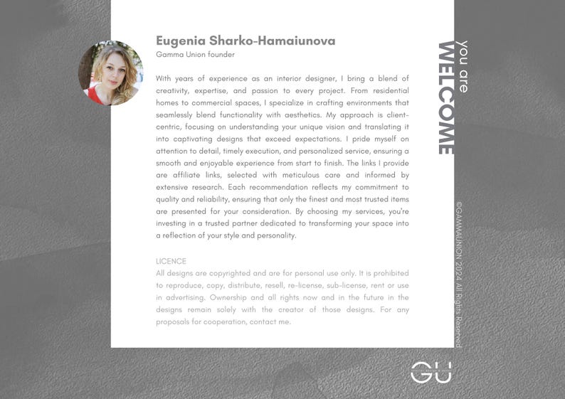 K&ouml;nnte beinhalten: Eine rechteckige Informationskarte mit grauem, texturiertem Rand. Sie enth&auml;lt ein kreisf&ouml;rmiges Portr&auml;t von Eugenia Sharko-Hamaiunova, den Text "you are WELCOME", "Gamma Union" sowie eine detaillierte berufliche Biografie zu Innenarchitektur.