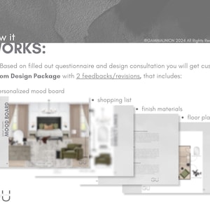 K&ouml;nnte beinhalten: Eine Informationsgrafik mit dem Titel how it WORKS: 03. Based on filled out questionnaire and design consultation you will get custom 1 Room Design Package with 2 feedbacks/revisions, that includes: personalized mood board, shopping list, finish materials, floor plan.