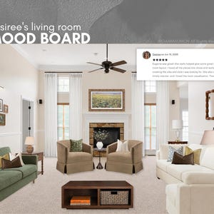 K&ouml;nnte beinhalten: Ein digitales Interior-Design-Moodboard mit dem Titel Desiree's living room MOOD BOARD, das ein gr&uuml;nes Sofa, zwei beige Sessel, ein wei&szlig;es Sofa, einen Couchtisch aus Holz, einen Kamin, Wandbilder, Lampen und einen Spiegel zeigt.
