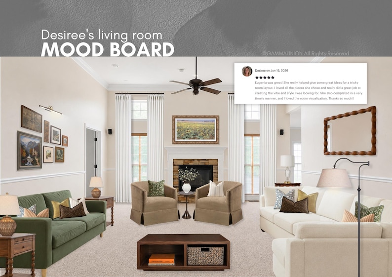 K&ouml;nnte beinhalten: Ein digitales Interior-Design-Moodboard mit dem Titel Desiree's living room MOOD BOARD, das ein gr&uuml;nes Sofa, zwei beige Sessel, ein wei&szlig;es Sofa, einen Couchtisch aus Holz, einen Kamin, Wandbilder, Lampen und einen Spiegel zeigt.